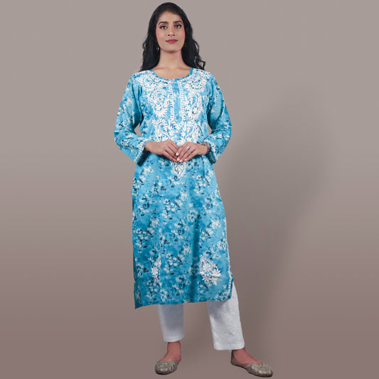 Women’s Breezy Floral Chikan Mulmul Kurti Soft Cotton Ethnic Wear with Lucknowi Embroidery - Blue