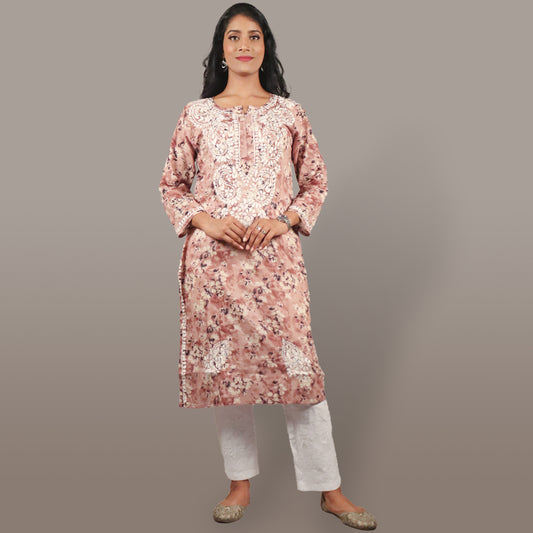 Women’s Breezy Floral Chikan Mulmul Kurti Soft Cotton Ethnic Wear with Lucknowi Embroidery - Brown