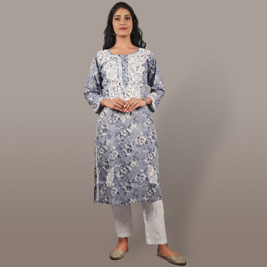 Women’s Breezy Floral Chikan Mulmul Kurti Soft Cotton Ethnic Wear with Lucknowi Embroidery - Grey