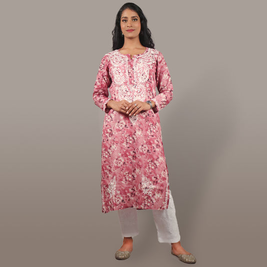 Women’s Breezy Floral Chikan Mulmul Kurti Soft Cotton Ethnic Wear with Lucknowi Embroidery - Pink