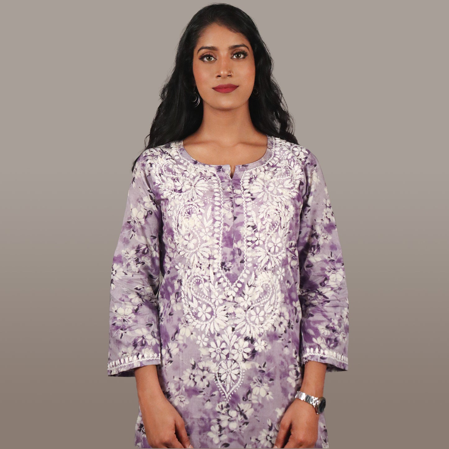 Women’s Breezy Floral Chikan Mulmul Kurti Soft Cotton Ethnic Wear with Lucknowi Embroidery - Lavender