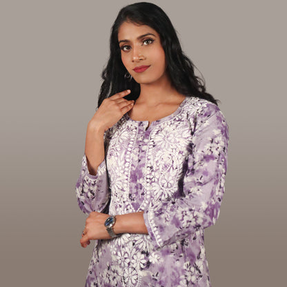 Women’s Breezy Floral Chikan Mulmul Kurti Soft Cotton Ethnic Wear with Lucknowi Embroidery - Lavender