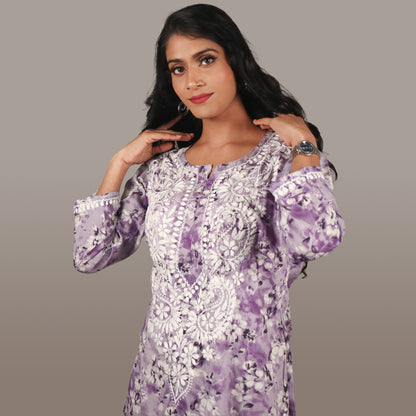 Women’s Breezy Floral Chikan Mulmul Kurti Soft Cotton Ethnic Wear with Lucknowi Embroidery - Lavender