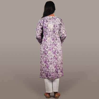 Women’s Breezy Floral Chikan Mulmul Kurti Soft Cotton Ethnic Wear with Lucknowi Embroidery - Lavender