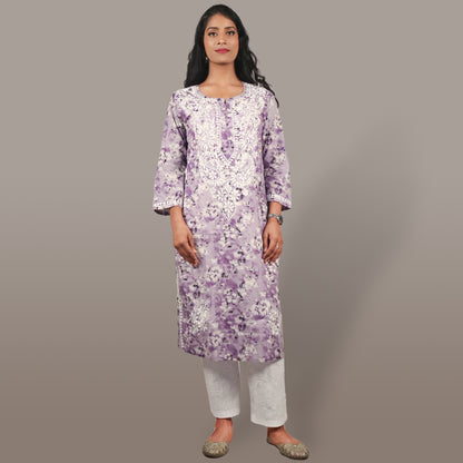 Women’s Breezy Floral Chikan Mulmul Kurti Soft Cotton Ethnic Wear with Lucknowi Embroidery - Lavender