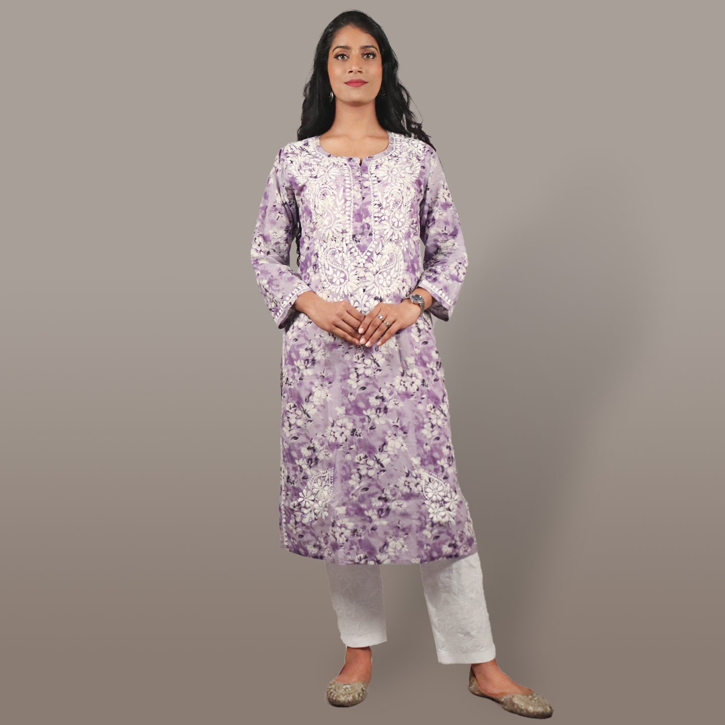 Women’s Breezy Floral Chikan Mulmul Kurti Soft Cotton Ethnic Wear with Lucknowi Embroidery - Lavender