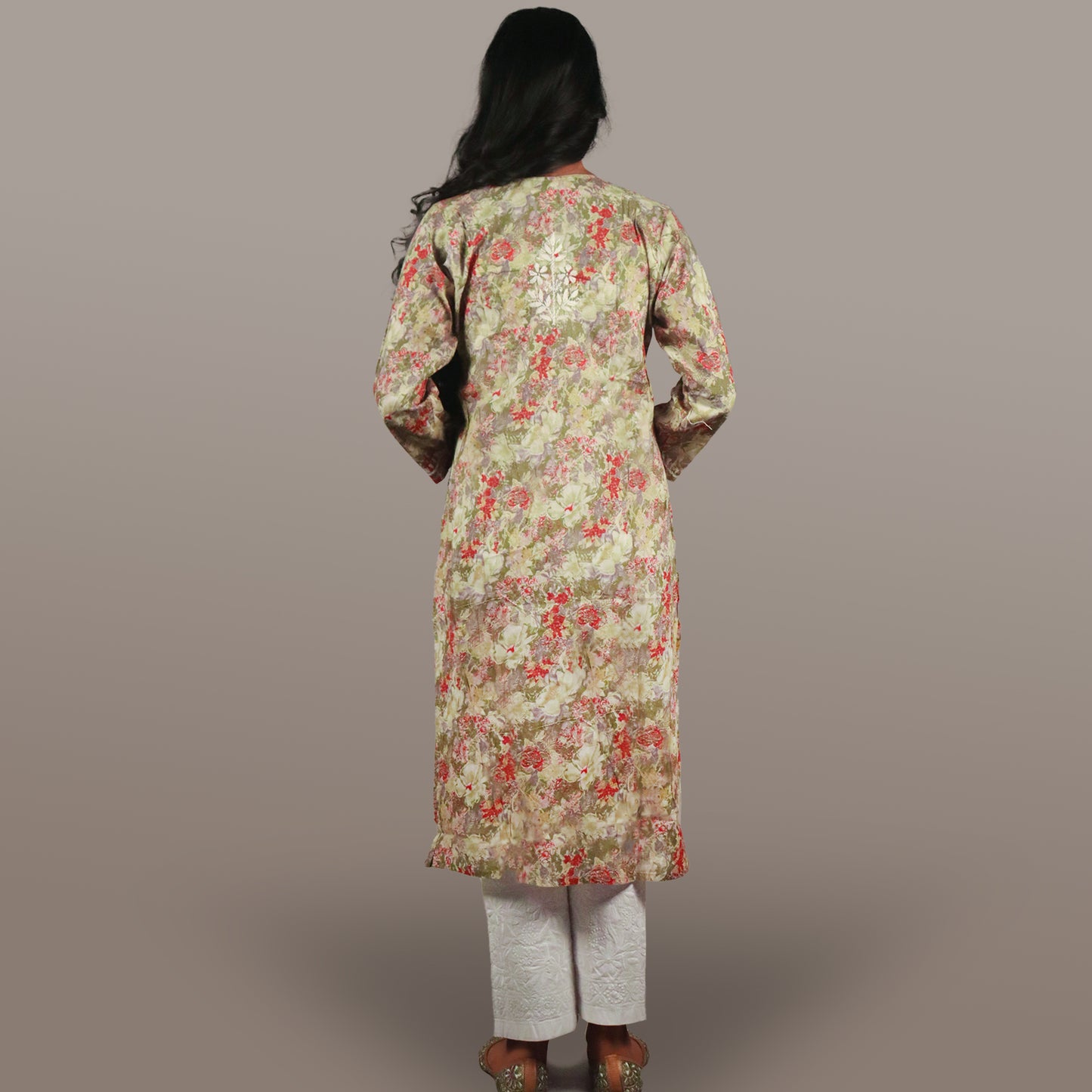 Women’s Floral Chikan Mulmul Kurti Soft Cotton Ethnic Wear with Lucknowi Embroidery-Olive Green