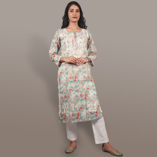 Women’s Floral Chikan Mulmul Kurti Soft Cotton Ethnic Wear with Lucknowi Embroidery-Sea Blue