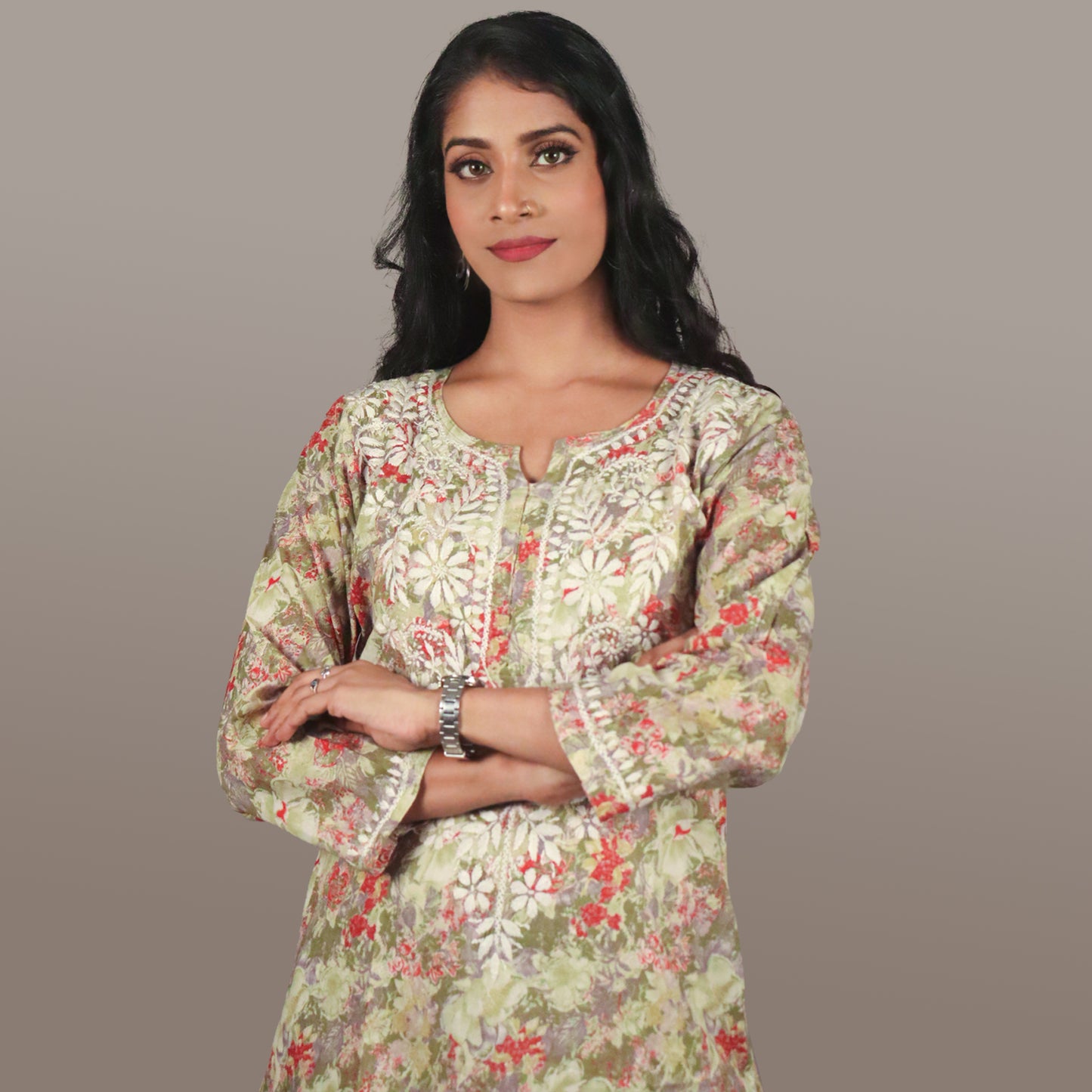 Women’s Floral Chikan Mulmul Kurti Soft Cotton Ethnic Wear with Lucknowi Embroidery-Olive Green