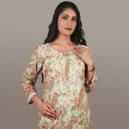 Women’s Floral Chikan Mulmul Kurti Soft Cotton Ethnic Wear with Lucknowi Embroidery-Olive Green