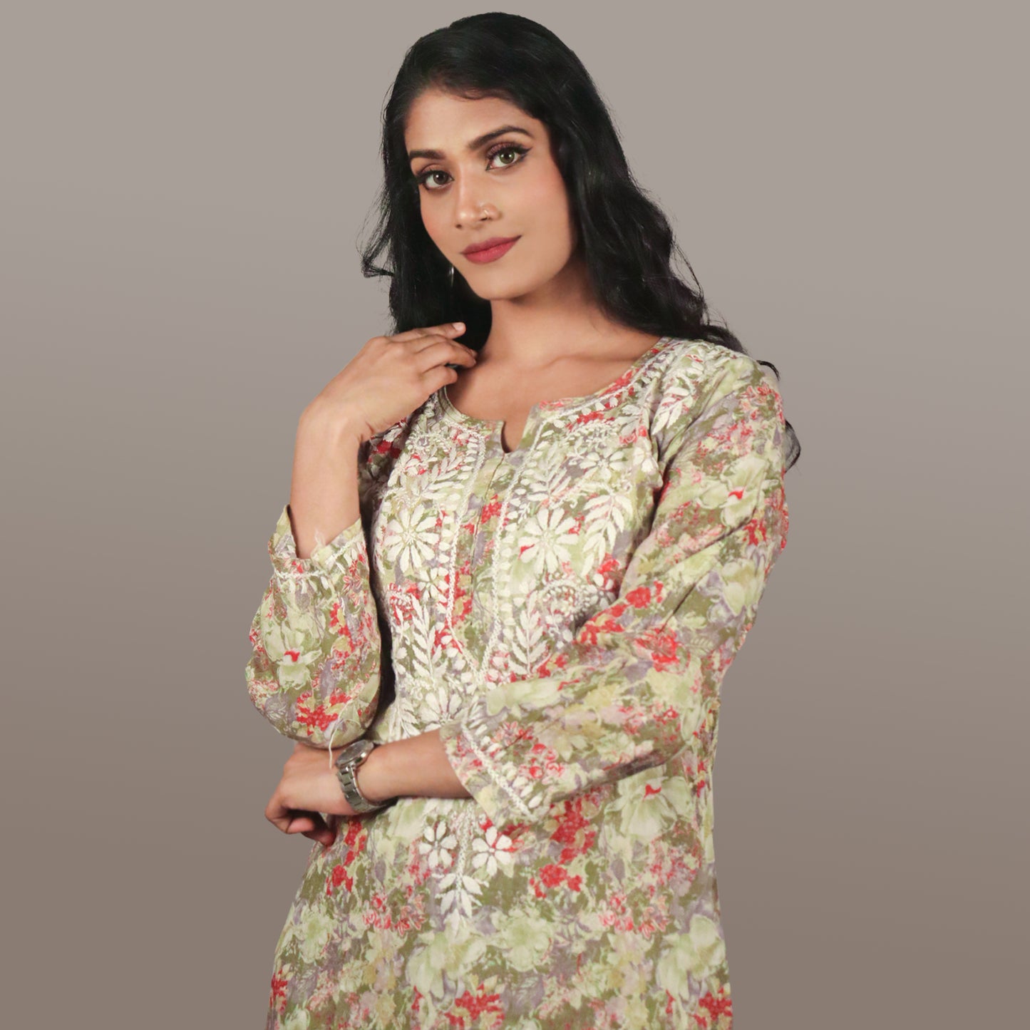 Women’s Floral Chikan Mulmul Kurti Soft Cotton Ethnic Wear with Lucknowi Embroidery-Olive Green