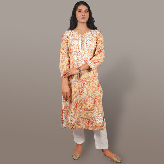 Women’s Floral Chikan Mulmul Kurti Soft Cotton Ethnic Wear with Lucknowi Embroidery - Beige