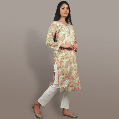 Women’s Floral Chikan Mulmul Kurti Soft Cotton Ethnic Wear with Lucknowi Embroidery-Olive Green