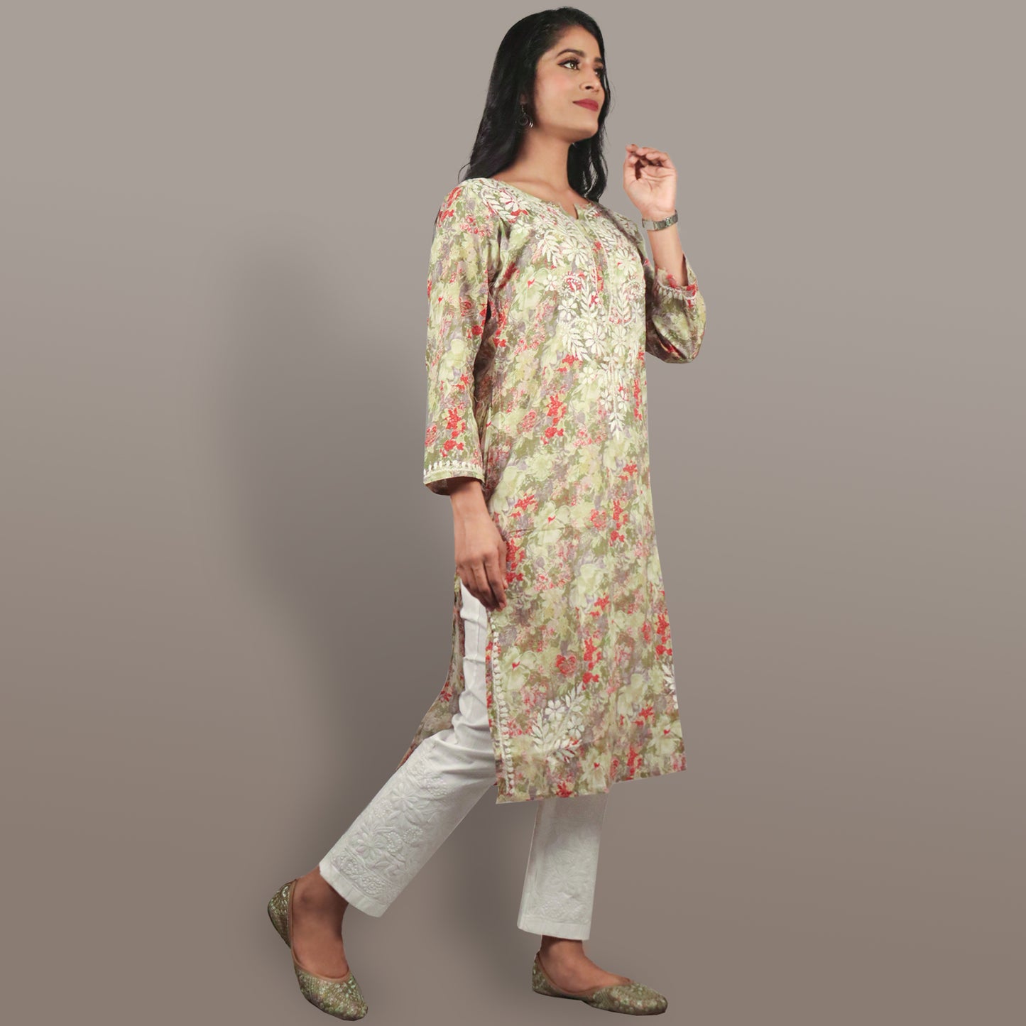 Women’s Floral Chikan Mulmul Kurti Soft Cotton Ethnic Wear with Lucknowi Embroidery-Olive Green