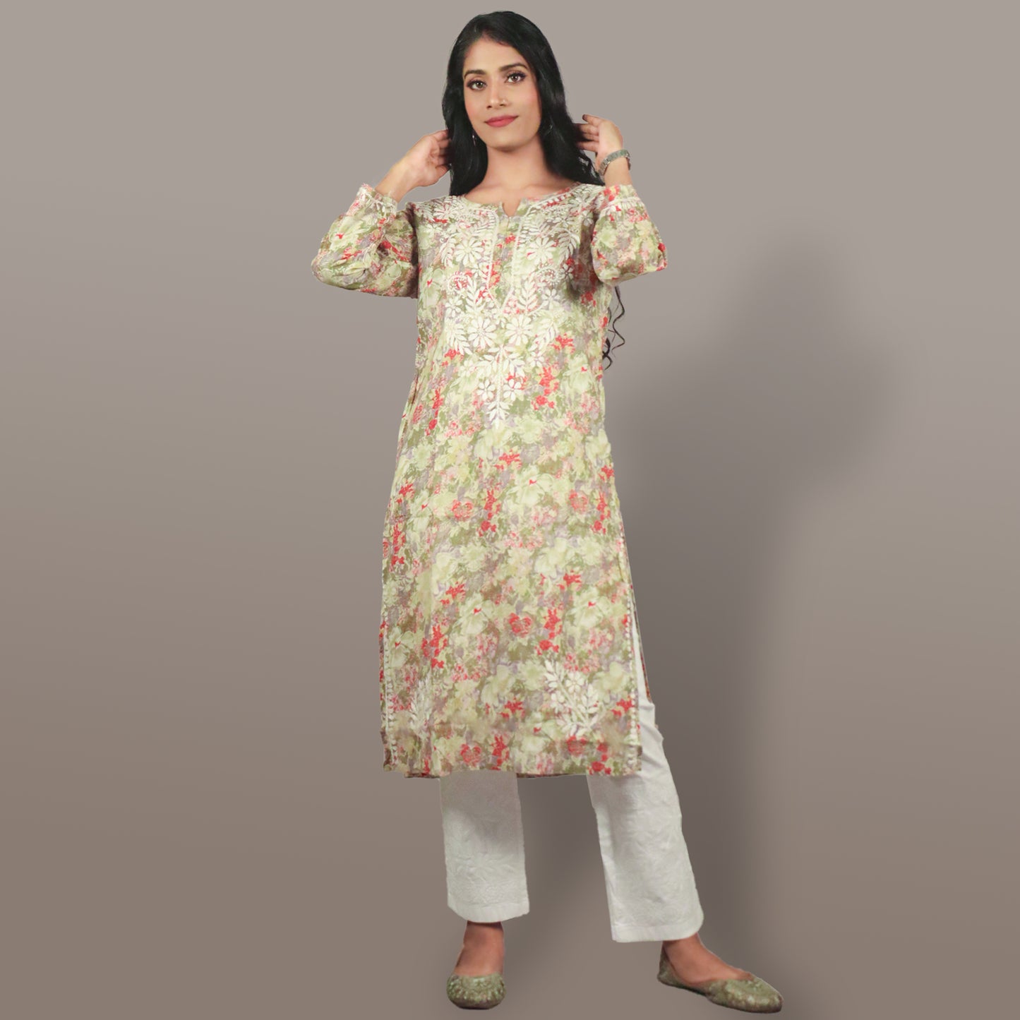 Women’s Floral Chikan Mulmul Kurti Soft Cotton Ethnic Wear with Lucknowi Embroidery-Olive Green