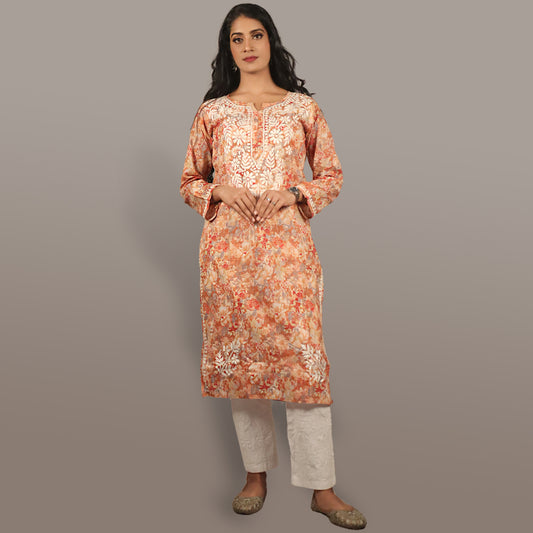 Women’s Floral Chikan Mulmul Kurti Soft Cotton Ethnic Wear with Lucknowi Embroidery - Peach