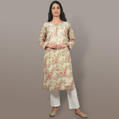 Women’s Floral Chikan Mulmul Kurti Soft Cotton Ethnic Wear with Lucknowi Embroidery-Olive Green