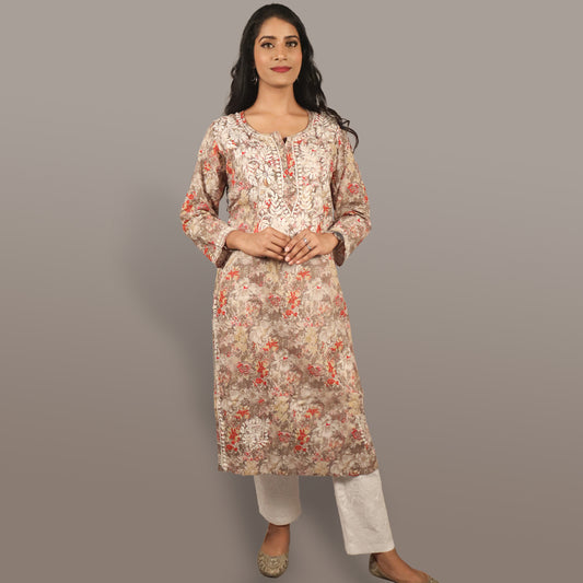 Women’s Floral Chikan Mulmul Kurti Soft Cotton Ethnic Wear with Lucknowi Embroidery - Grey