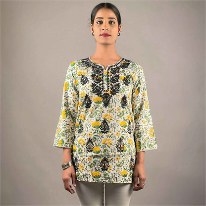 Gulbahar Green Cotton Short Chikankari Kurti