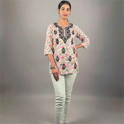 Gulbahar Pink Cotton Short Chikankari Kurti