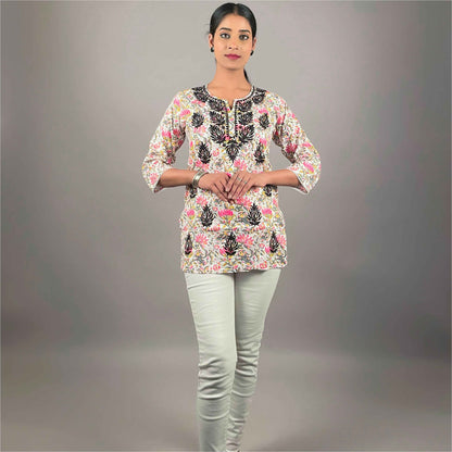 Gulbahar Pink Cotton Short Chikankari Kurti