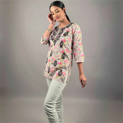 Gulbahar Pink Cotton Short Chikankari Kurti