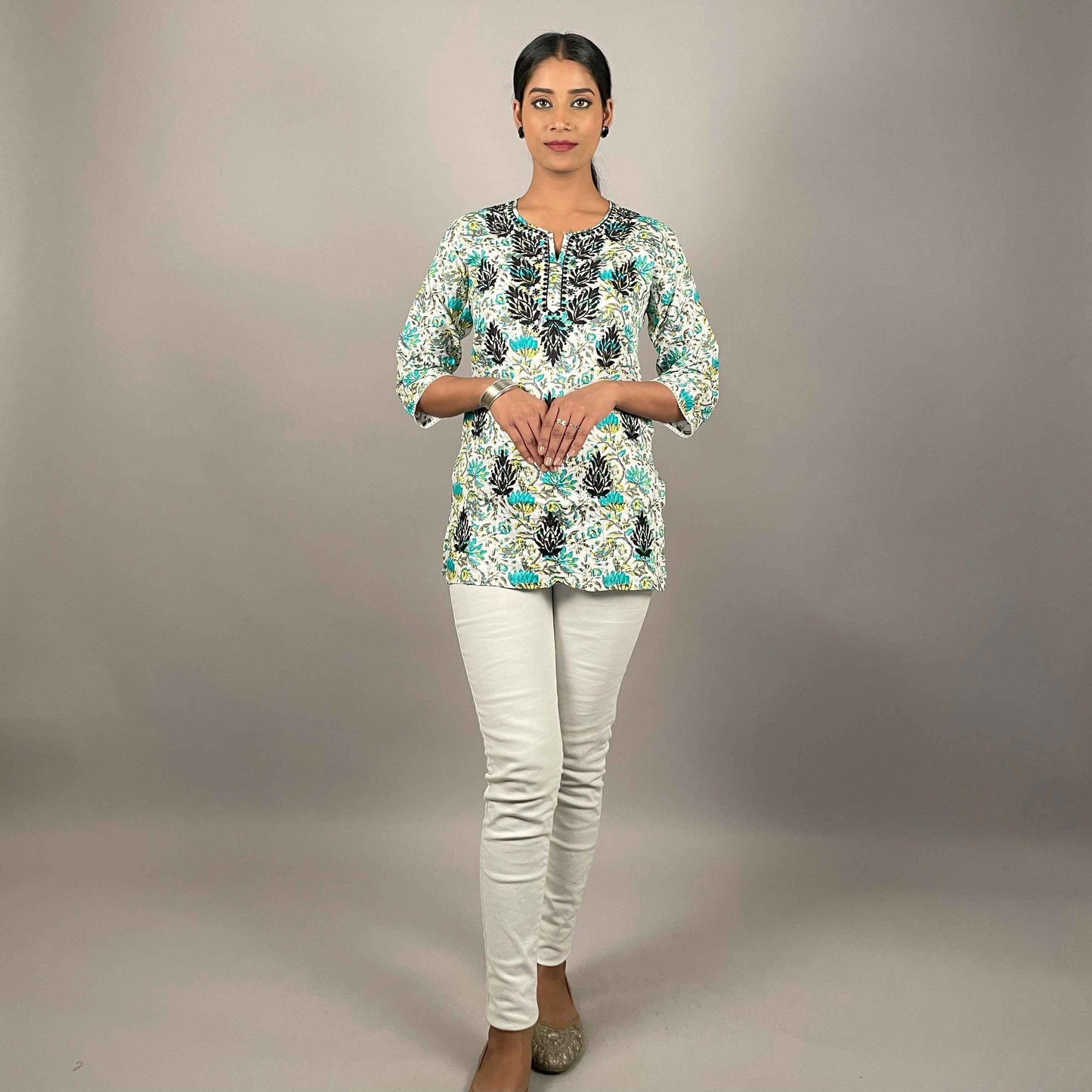 Gulbahar Sea blue Cotton Short Chikankari Kurti