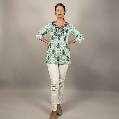 Gulbahar Sea blue Cotton Short Chikankari Kurti