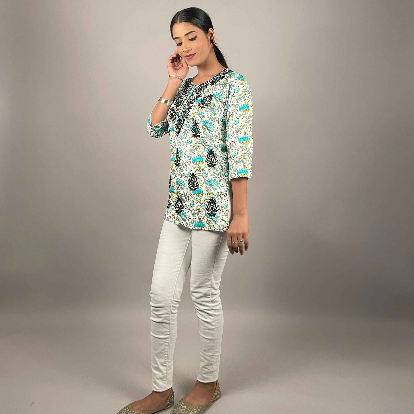 Gulbahar Sea blue Cotton Short Chikankari Kurti