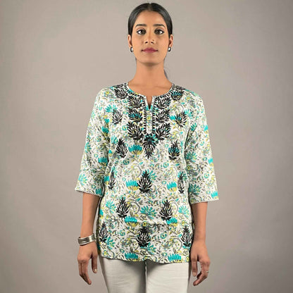 Gulbahar Sea blue Cotton Short Chikankari Kurti