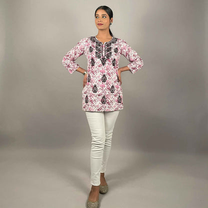 Gulbahar Wine Cotton Short Chikankari Kurti