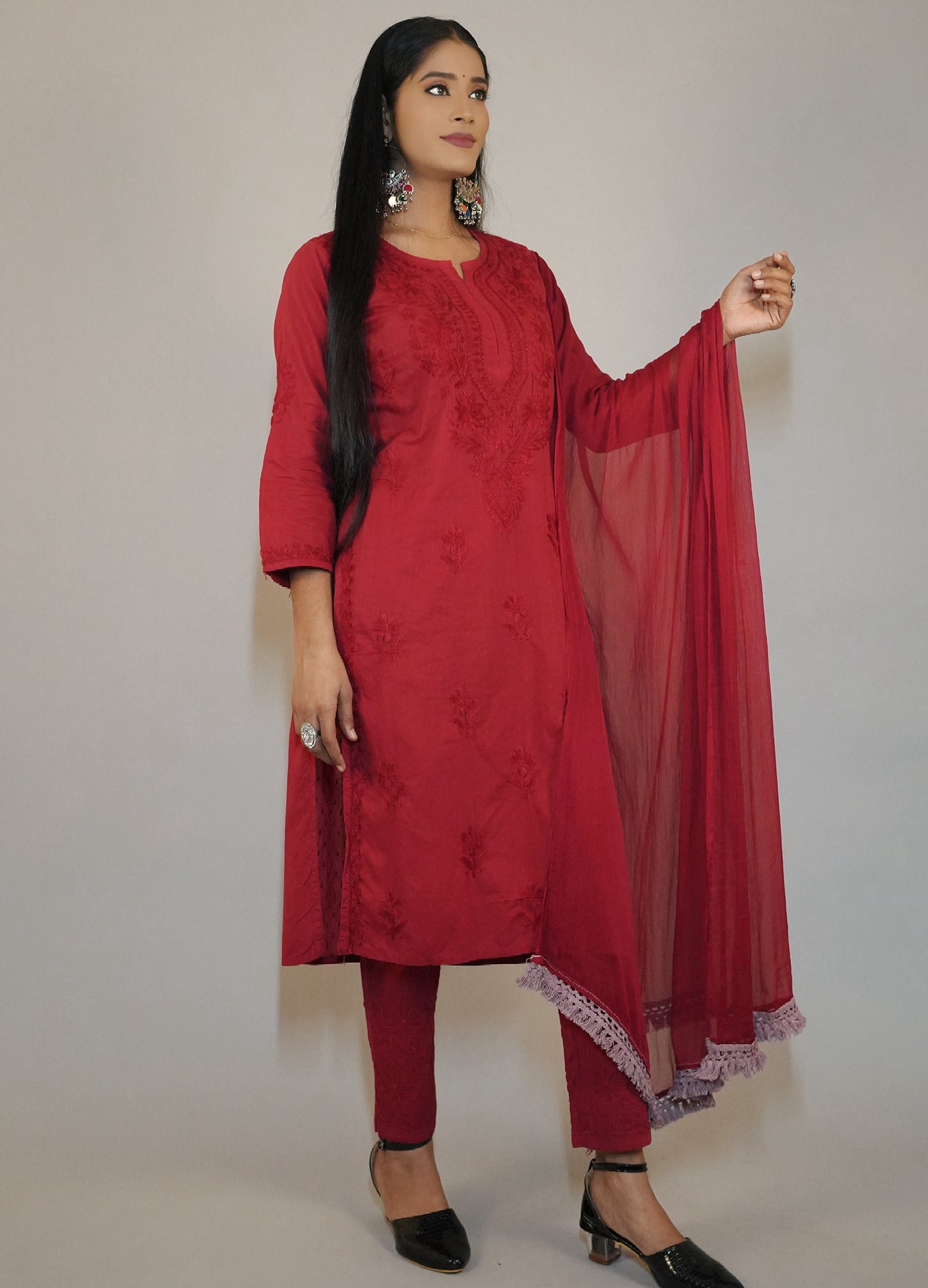 Fiza Women's Chikankari Kurta Set in Dobby Cotton with Dupatta and Pants - Maroon