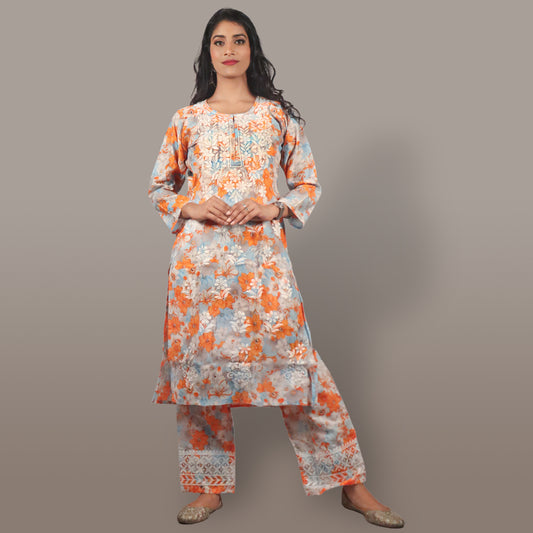 Orange Chanderi Grace Chikan Kurta Palazzo Set