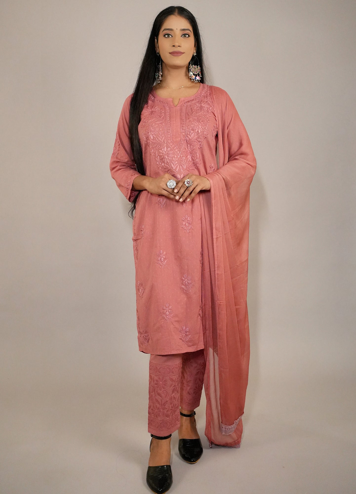 Fiza Women's Chikankari Kurta Set in Dobby Cotton with Dupatta and Pants-Peach