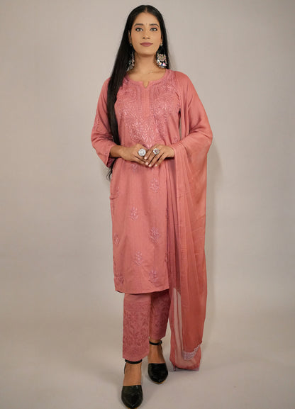 Fiza Women's Chikankari Kurta Set in Dobby Cotton with Dupatta and Pants-Peach