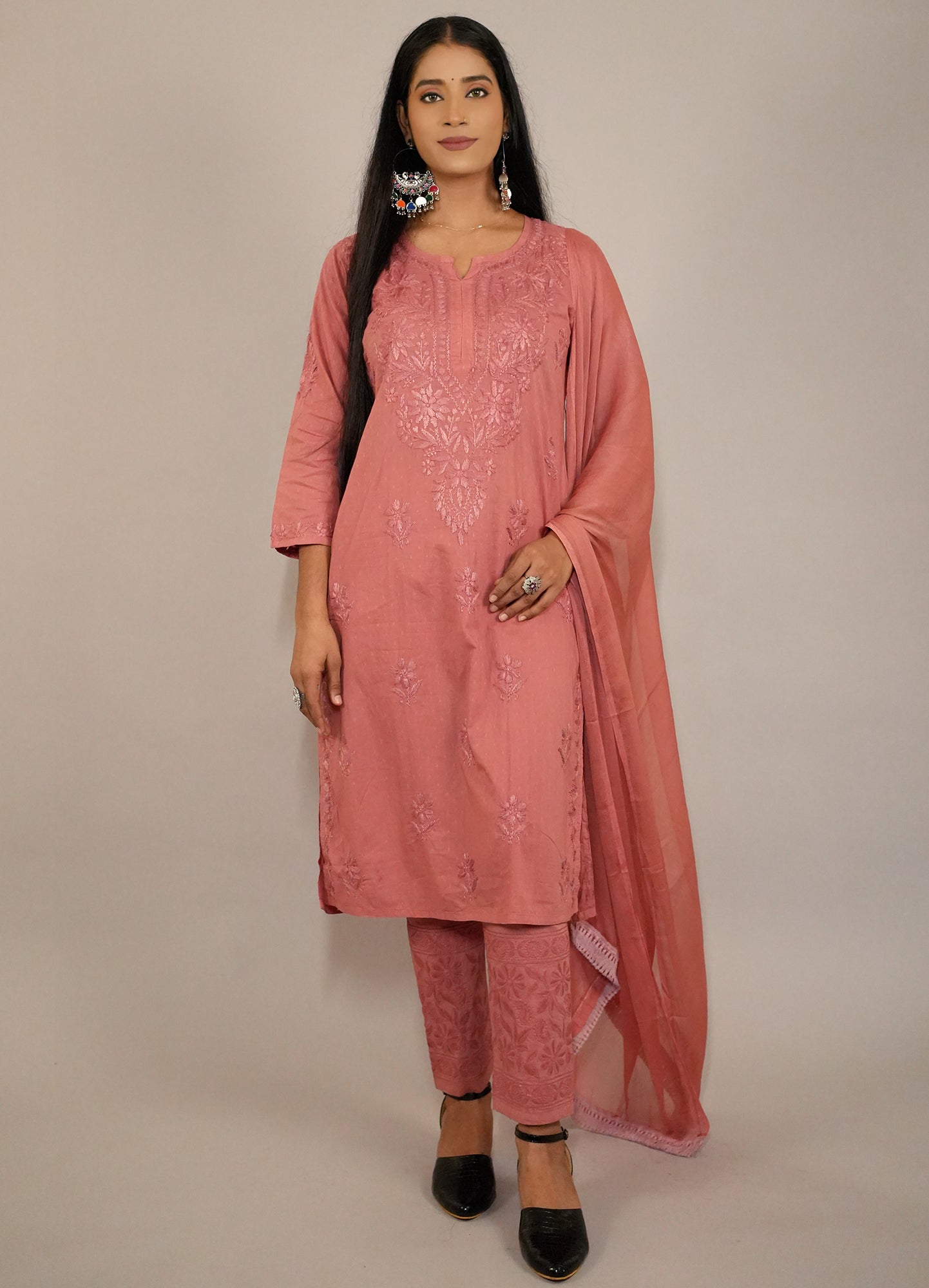 Fiza Women's Chikankari Kurta Set in Dobby Cotton with Dupatta and Pants-Peach