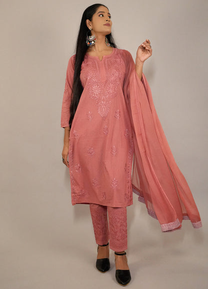 Fiza Women's Chikankari Kurta Set in Dobby Cotton with Dupatta and Pants-Peach