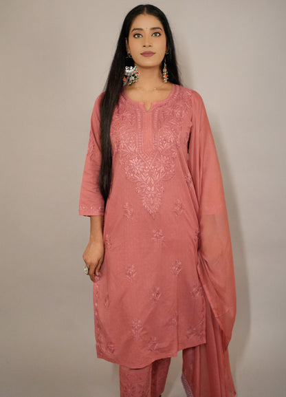 Fiza Women's Chikankari Kurta Set in Dobby Cotton with Dupatta and Pants-Peach