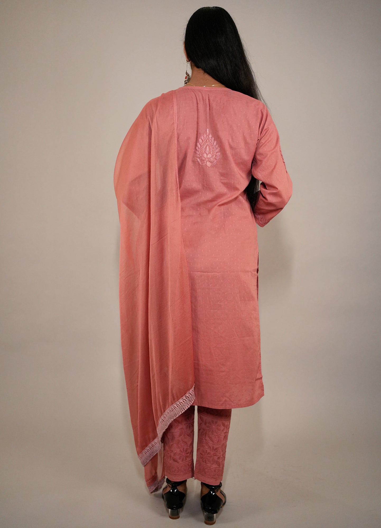 Fiza Women's Chikankari Kurta Set in Dobby Cotton with Dupatta and Pants-Peach