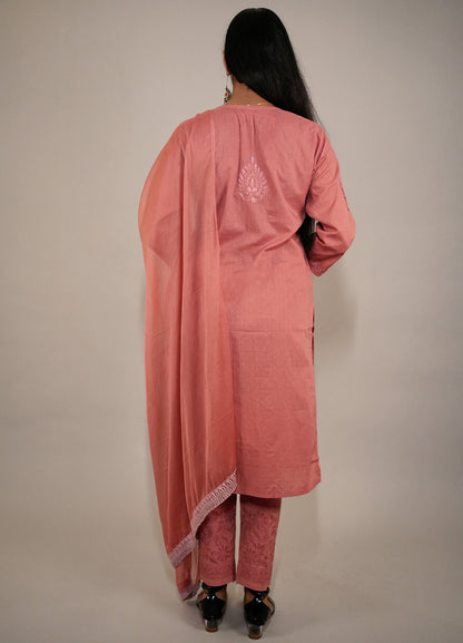 Fiza Women's Chikankari Kurta Set in Dobby Cotton with Dupatta and Pants-Peach