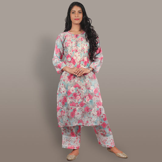 Pink Chanderi Grace Chikan Kurta Palazzo Set