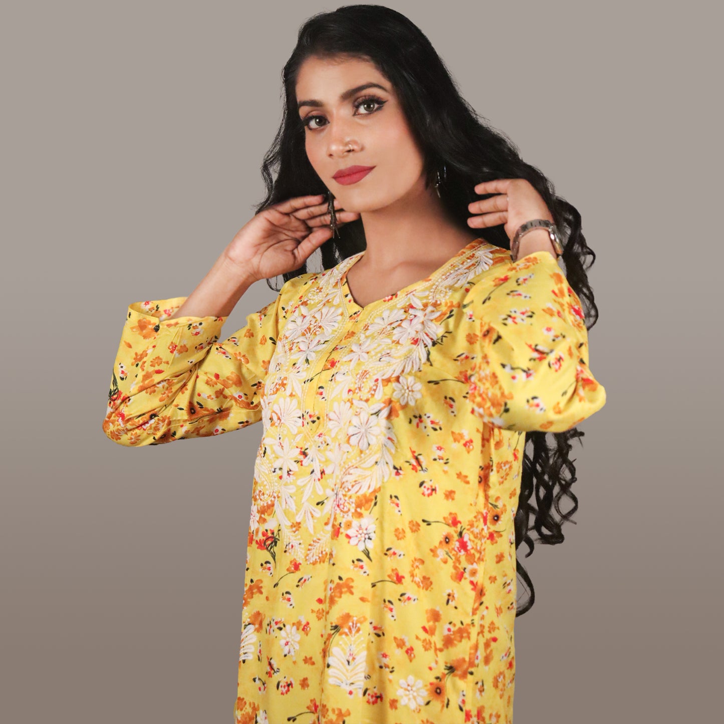 Royale Grace Rayon Chikan Kurta Palazzo Set-Yellow