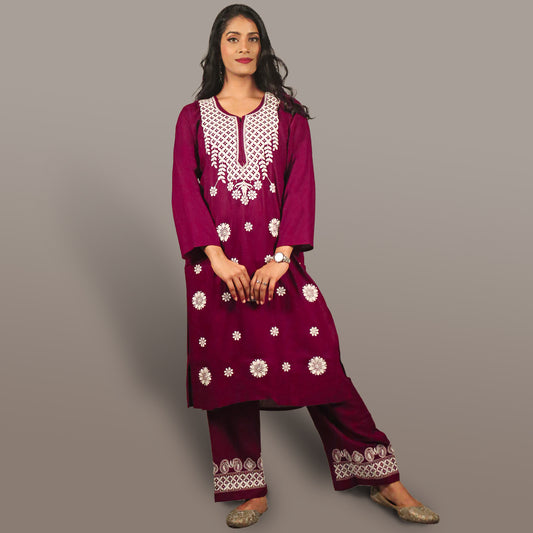 Nazneen Rayon Chikan Kurta Palazzo Set - Wine