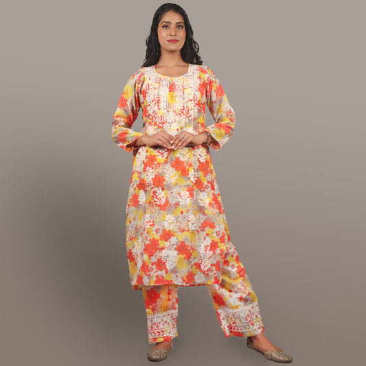 Yellow Chanderi Grace Chikan Kurta Palazzo Set