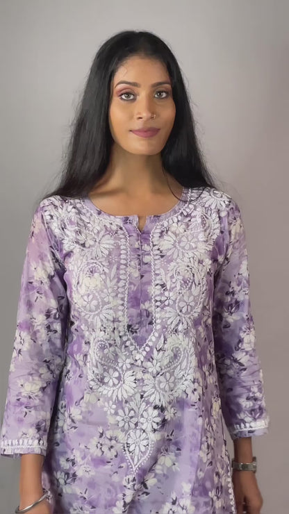 Women’s Breezy Floral Chikan Mulmul Kurti Soft Cotton Ethnic Wear with Lucknowi Embroidery - Lavender